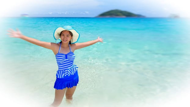 Vignette blur background, Beautiful woman in a blue striped swimsuit standing poses open arms on beach and sea during summer at Koh Miang Island in Mu Ko Similan National Park, Phang Nga, Thailand