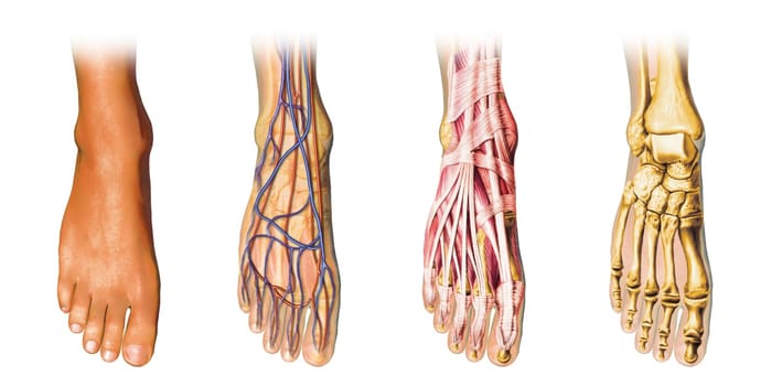Human foot anatomy cutaway representation, showing skin, veins and arterias, muscles, bones. With clipping path included.