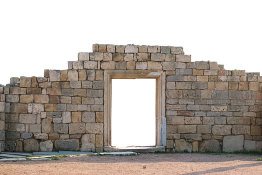 Ancient wall with door isolated on white background