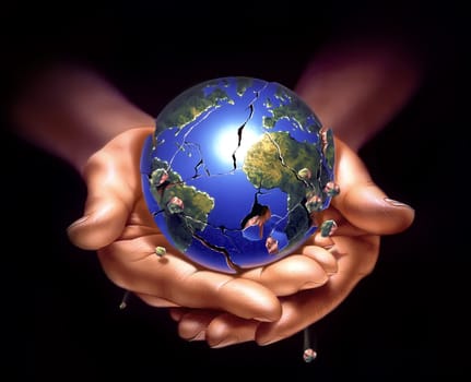 Planet earth on human hands, breaking down and crampling, with fragments falling apart. Airbrush illustration.