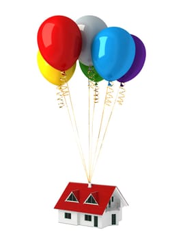 Group of multicolor balloons, lifting up a house. On white background, with clipping path.