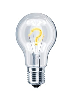 Light bulb with question mark at the place of incandescence. On white background, with clipping path.