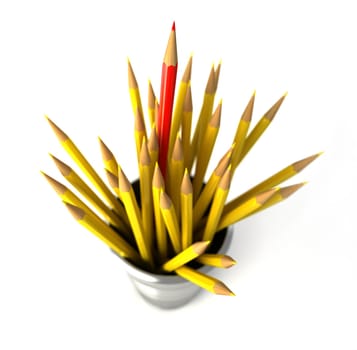 Group of many yellow pencils into a bin, with one red pencil standing out from the mass.