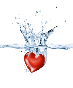 Shining heart, falling into clear water, forming a crown splash.