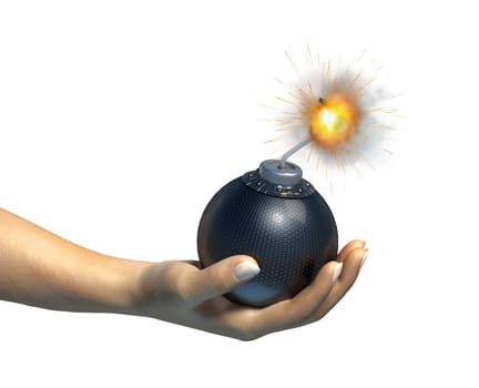 Human hand holding a bomb with burning fuse, on white background.