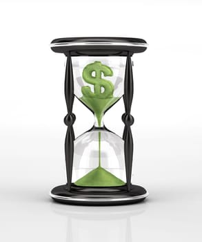 Hour glass and green falling sand with the shape of the U.S. Dollar.