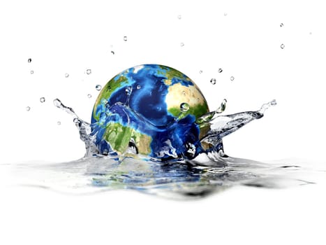Planet Earth, falling into clear water, forming a crown splash. With depth of field. 3 D digital rendering on white background.