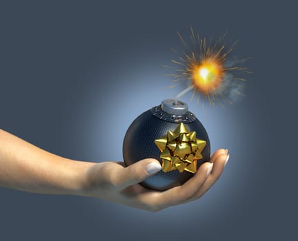 Human hand holding a typical bomb with burning fuse, with a ribbon on it, as it was a gift.