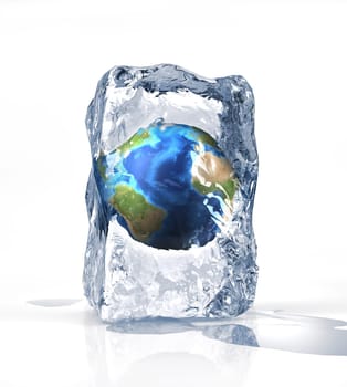 Earth globe into an ice brick standi on a white surface, with some water pool. On white background.