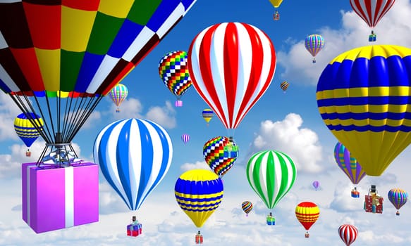 hot-air balloons in the sky, with gifts in place of the basket