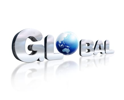 3 D chromed lettering with the word Global and earth globe in place of the O. On white reflective surface. Viewed in slight perspective.