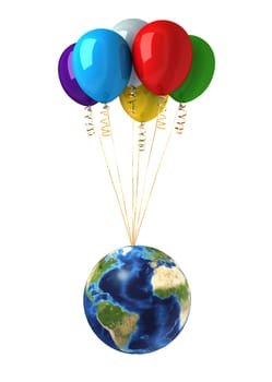 Planet earth lifted by a bunch of flying multicolors balloons. On white background, with clipping path included.