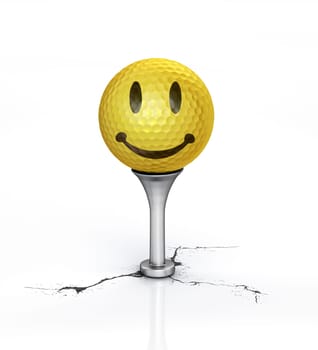 Yellow Golf ball with the texture of smile, placed on tee, over a white reflective surface, with a break on the floor. Clipping path included.