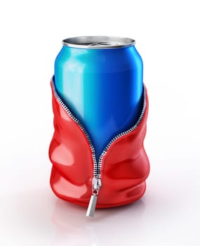 Drink soda can, taking off a skin with zip, giving the feeling it's doing a streaptease. Concept image that allow to several interpretations. 3 D rendering on white background.
