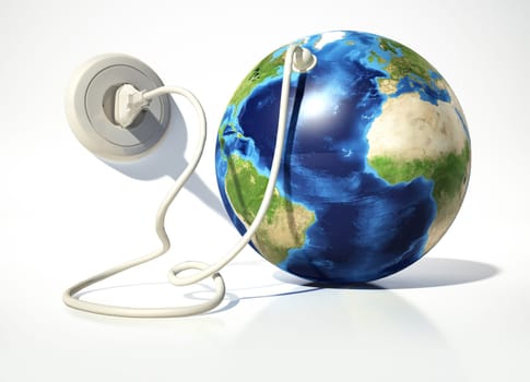 Planet Earth with electric cable, plug and socket. On white surface and white background. Source maps offered by Nasa.