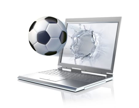 Football ball coming out from a laptop computer, forming a liquid splash on the screen. Isolated on white background with clipping path included.