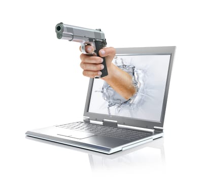 Man's hand holding gun, coming out from laptop screen forming a splash from liquid crystals. On white background, with clipping path included.