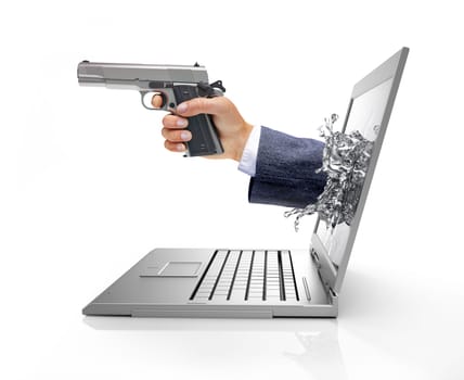 Man's hands, coming out from a computer laptop screen, forming a splash from liquid crystals, holding a silver gun. Viewed from a side. On white background, with clipping path included.
