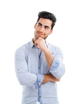 Portrait of happy handsome young man with arms crossed, isolated on white background