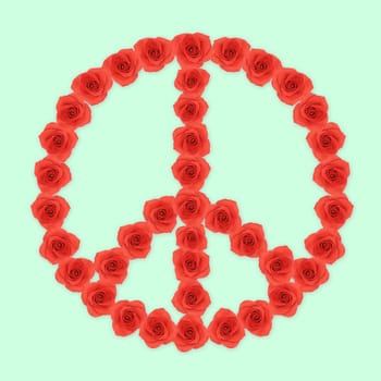 Peace shape red rose flowers on mint green background