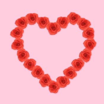 Heart shape red rose flowers on pink background