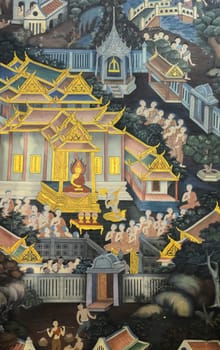 Ancient Buddhist temple mural painting of the life of Buddha in Bangkok, Thailand