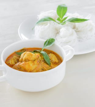 Crab meat coconut milk curry with rice noodle, Thai spicy soup cuisine