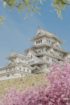 Japanese pagoda building, viewed from a lower level, with plants in the foreground.