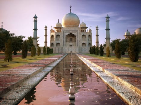Taj Mahal at sunset time, view from front.