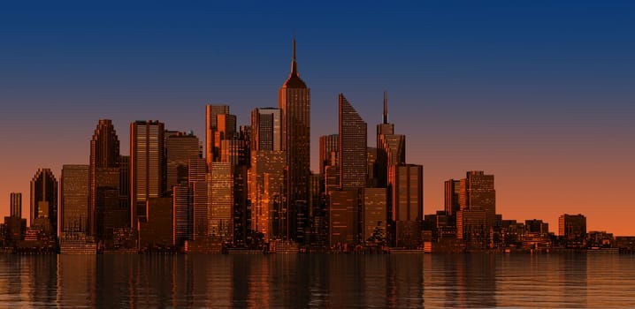 Modern cityscape at sunset time. Wide format. Generic representation, no landamark.
