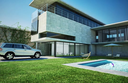 Modern luxury villa with swimming pool. Very stylish architecture, made of concrete and glass.