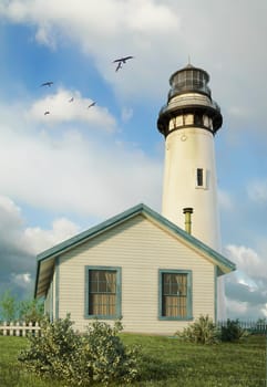 Light house with an actual house at its base, in a landscape with grass and bushes. Nice fluffy sky with flying gulls.