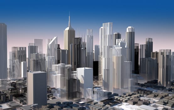 Modern cityscape in daylight. Close up view. Buildings are rendered as they are a scale model.