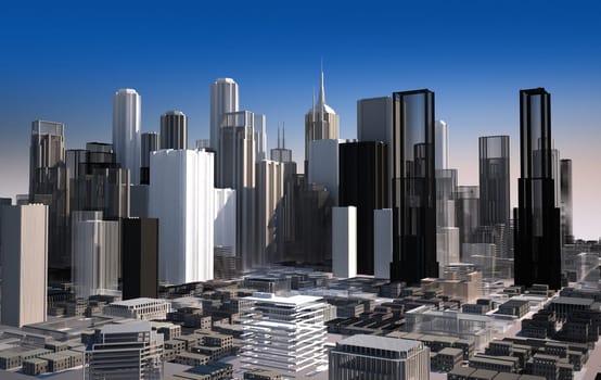 Modern cityscape in daylight. Close up view. Buildings are rendered as they are a scale model.