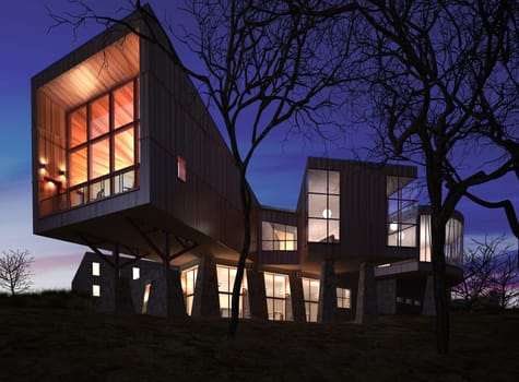 Very modern stylish house made of wood, stone and glass. After sunset, almost dark in winter environment, with naked trees.