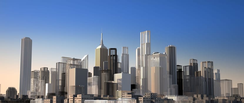 Modern cityscape in daylight. Close up view. Buildings are rendered as they are a scale model.