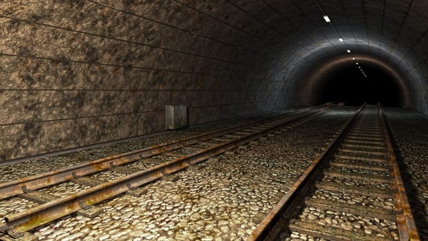 Old train tunnel with two tracks with rust.