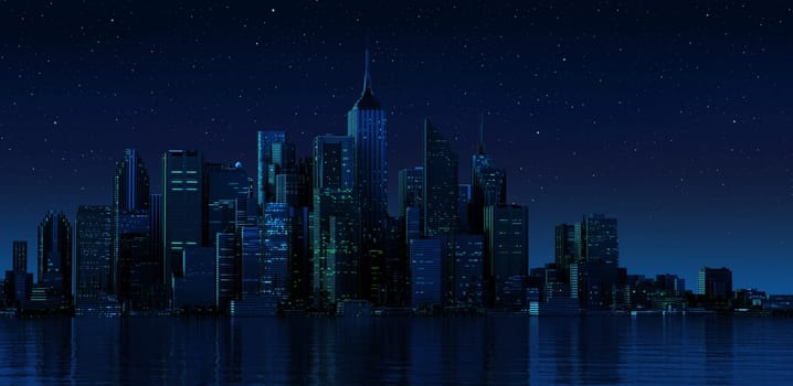 Cityscape generic with modern buildings and skyscrapers on water. Night time version.