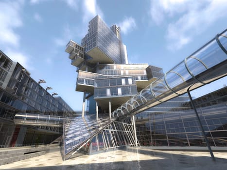 Very modern architectural building structure, made of glass and steel, with blue sky and some clouds.