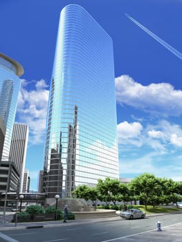 3D rendering of a generic Modern Skyscraper viewed from below, with a large street and trees in front of it.