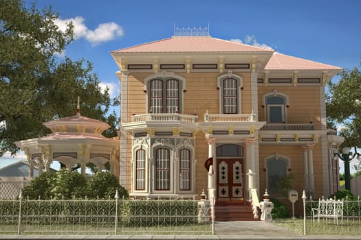 Luxury Victorian style house exterior. Frontal view, with gazebo and garden.