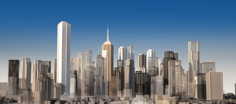 Modern cityscape in daylight. Close up view. Buildings are rendered as they are a scale model.