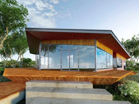 Modern villa made of wood and steel, with green park around. on a large wood platform.