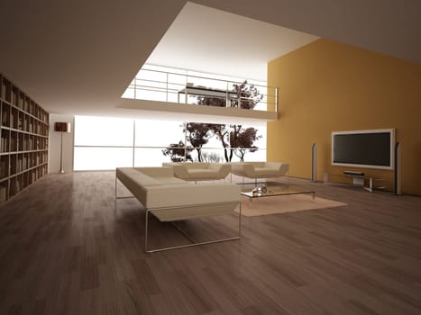 Modern large livingroom, with wooden floor, bookshelves and other few elements. Minimalist.