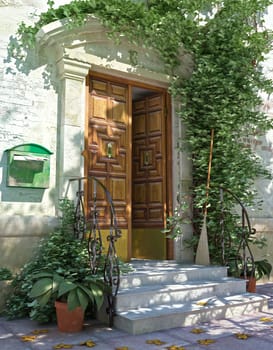 TypicalItalian Classic house building front door with stairs and plants.