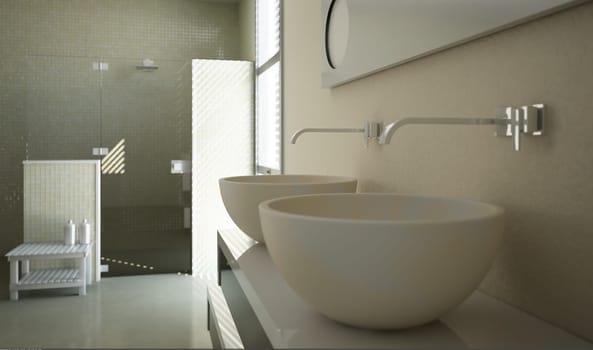 Modern bathroom view with close up on the sinks and a glass shower in the background.