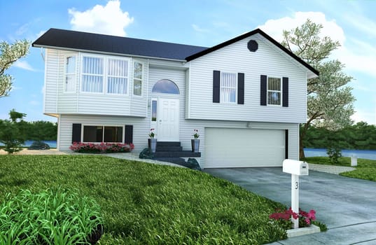 Typical American wooden house with garden, trees and a river on backgraound.
