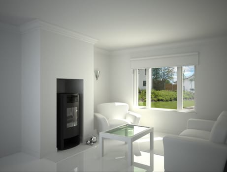 White livingroom, with fire place.