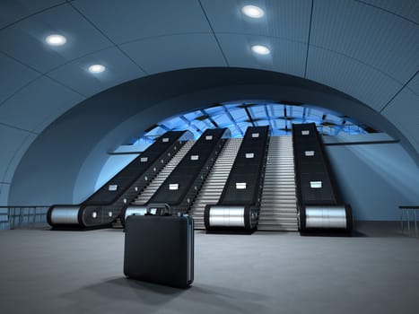 Isolated business suitcase left at the bottom of a metro, or airport escalator. Potential danger.