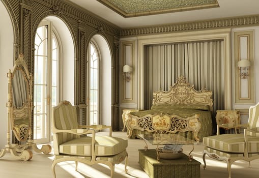 3D rendering of a luxury rococo bedroom with double window on balcony.